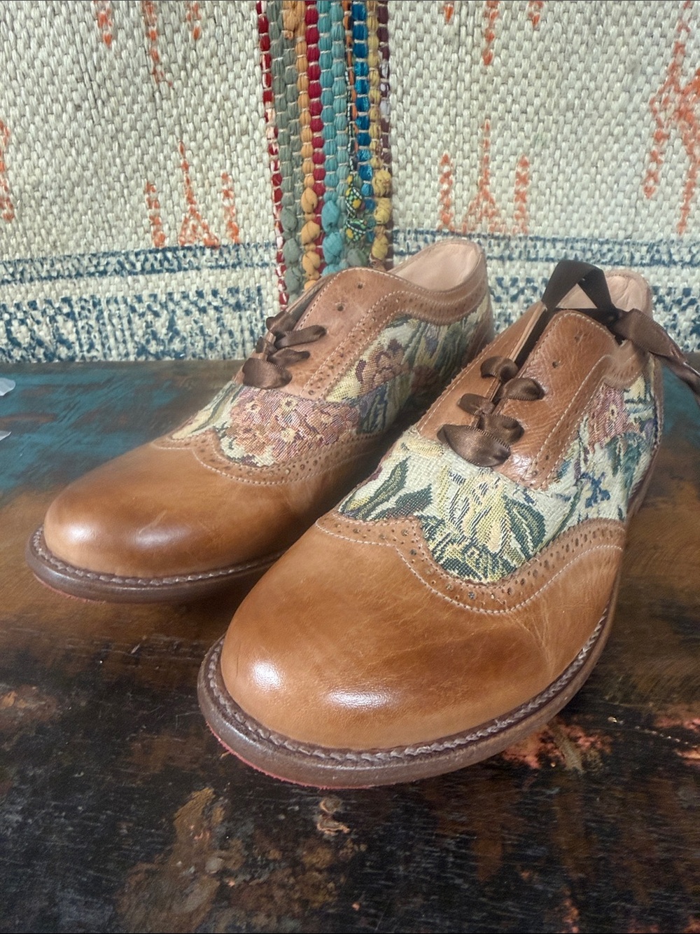 Bed Stu Oxfords in tan leather and floral. New with tags.